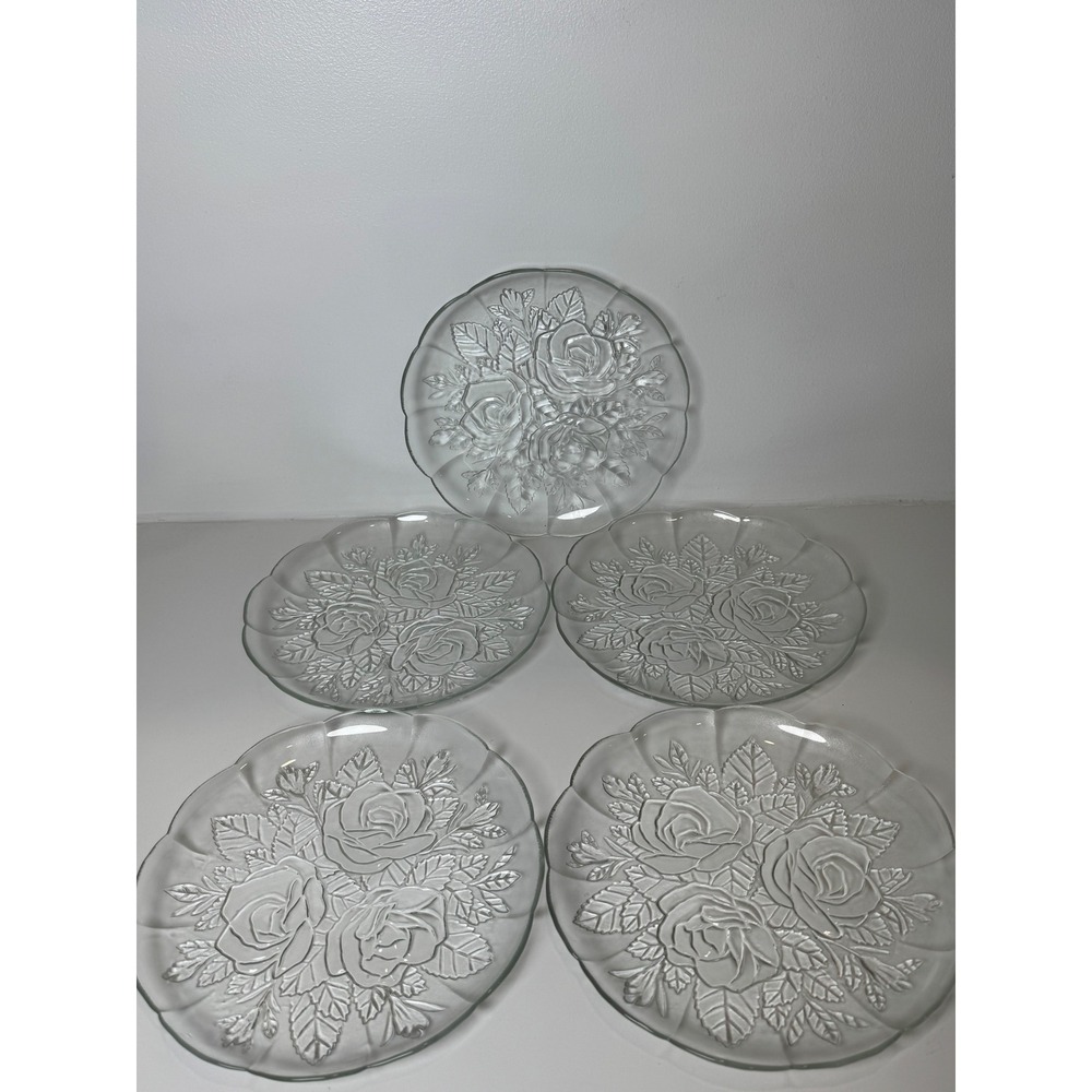 Pasari Livia Clear Glass Embossed Rose Dinner Plates Set 5  Cottagecore